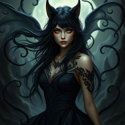 An enchanting depiction of a woman resembling a catdemon, with flowing black hair that cascades down her back and frames her face
