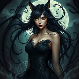 An enchanting depiction of a woman resembling a catdemon, with flowing black hair that cascades down her back and frames her face