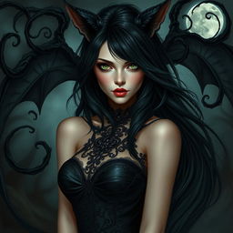 An enchanting depiction of a woman resembling a catdemon, with flowing black hair that cascades down her back and frames her face