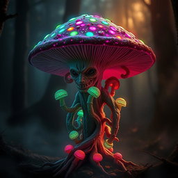 A myconid, a humanoid mushroom creature, that has been infected with colorful spores, showcasing a vivid and eerie transformation