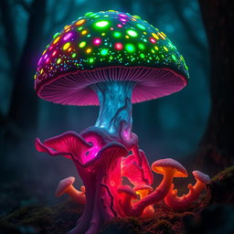 A myconid, a humanoid mushroom creature, that has been infected with colorful spores, showcasing a vivid and eerie transformation