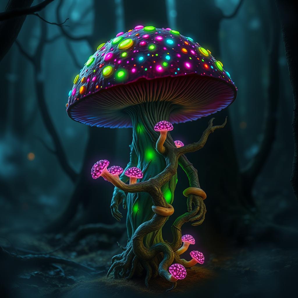 A myconid, a humanoid mushroom creature, that has been infected with colorful spores, showcasing a vivid and eerie transformation