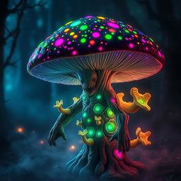 A myconid, a humanoid mushroom creature, that has been infected with colorful spores, showcasing a vivid and eerie transformation