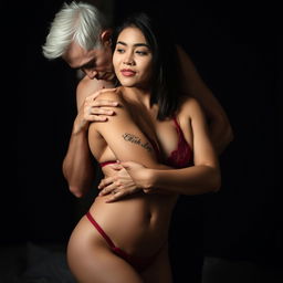 A 35-year-old Indonesian man with pure white skin is embracing a beautiful 28-year-old woman from behind, combining affection with a touch of intimidation as he kisses her cheek