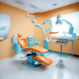 A dental unit with a striking color combination, featuring an orange dental chair against a white floor, with the rest of the room in light blue. The unit also includes modern dental equipment, offering a professional yet lively atmosphere.