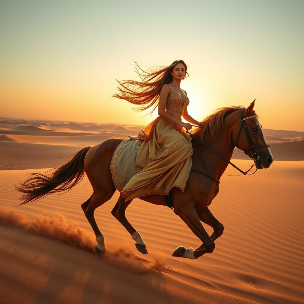 A stunningly beautiful Arabic woman wearing an elegant gold dress, riding a majestic horse through a vast desert