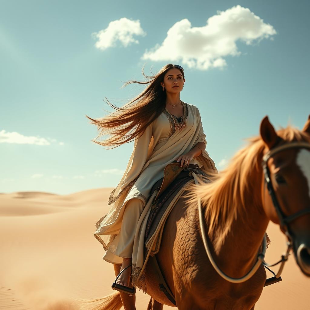 A beautiful Arab woman riding a majestic horse through a vast desert landscape