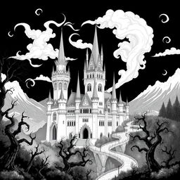 An enchanting black and white illustration of a majestic castle set in a fantastical landscape