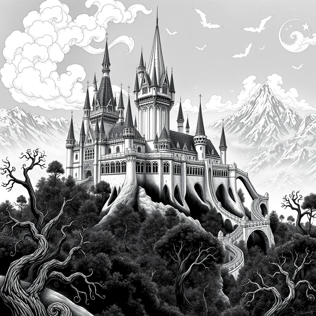 An enchanting black and white illustration of a majestic castle set in a fantastical landscape