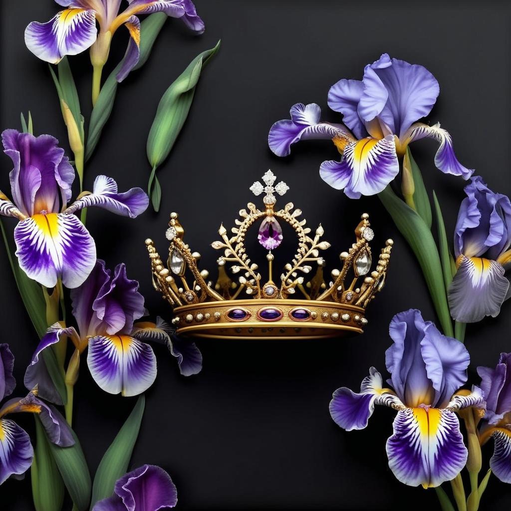 A cover with black background of a realistic crown surrounded by iris