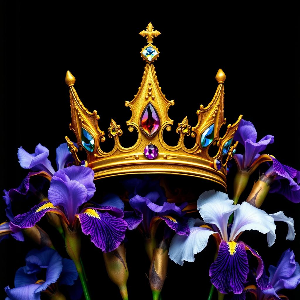 A realistic and detailed crown made of gold and adorned with colorful gems, prominently displayed in the center of the image