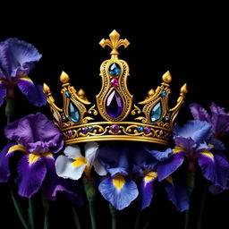 A realistic and detailed crown made of gold and adorned with colorful gems, prominently displayed in the center of the image