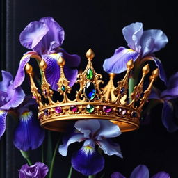 A realistic and detailed crown made of gold and adorned with colorful gems, prominently displayed in the center of the image
