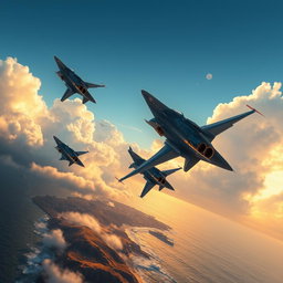 A thrilling aerial dogfight scene featuring military fighter jets soaring through a clear blue sky