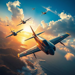 A thrilling aerial dogfight scene featuring military fighter jets soaring through a clear blue sky