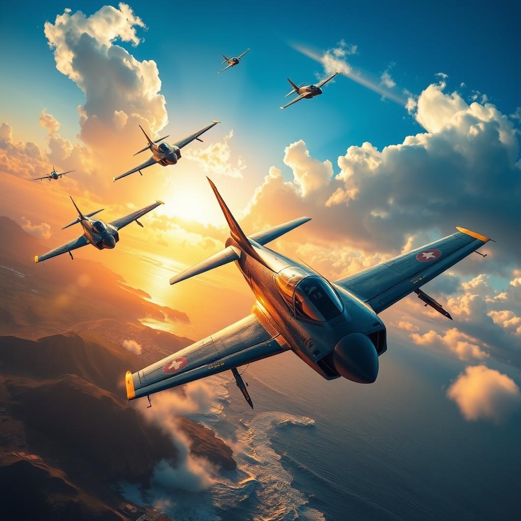 A thrilling aerial dogfight scene featuring military fighter jets soaring through a clear blue sky