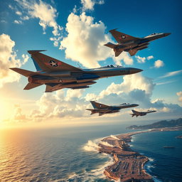 A thrilling aerial dogfight scene featuring military fighter jets soaring through a clear blue sky