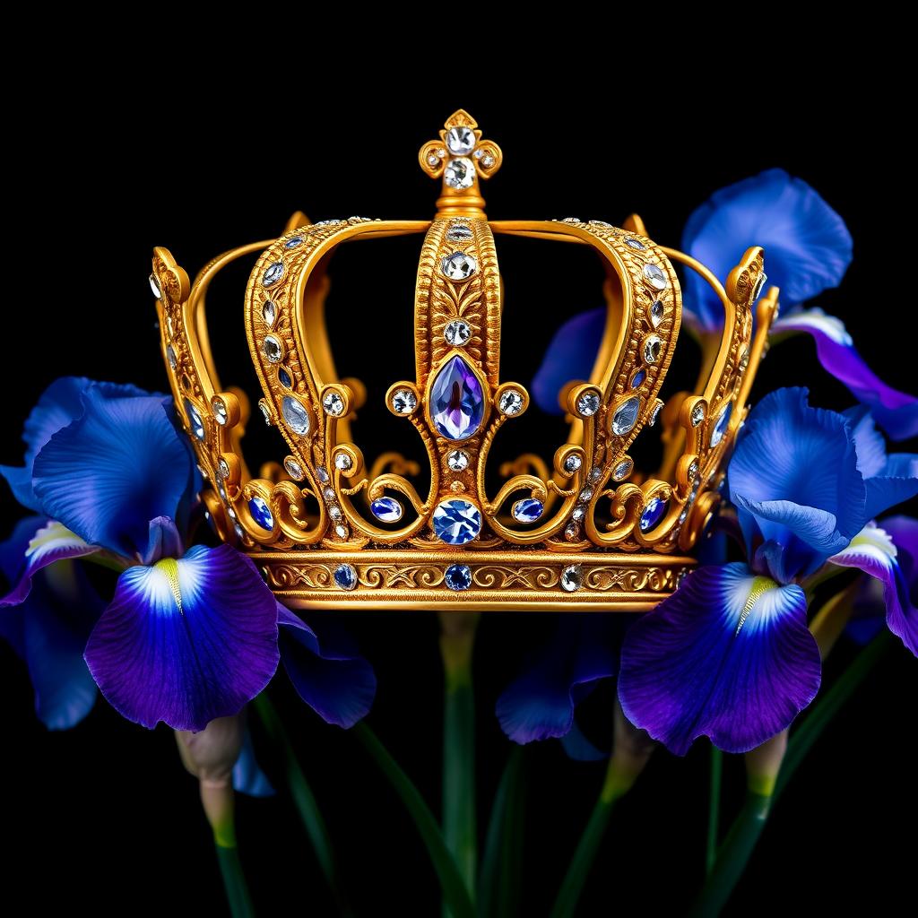 A realistic and intricately designed crown made of gold and studded with sparkling jewels, prominently featured in the center of the image