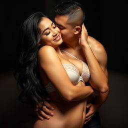 A 35-year-old Indonesian man with pure white skin cuddling and embracing a beautiful 28-year-old woman with an attractive, curvaceous, and voluptuous body from behind