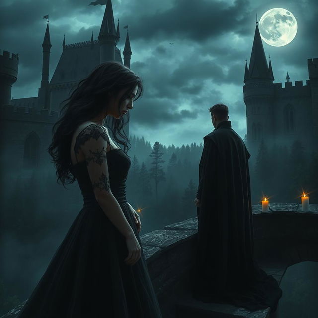 A dark romance scene set in a gothic castle during the medieval era, with stormy skies and flickering candlelight
