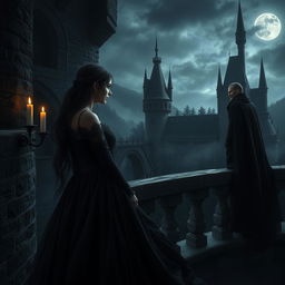 A dark romance scene set in a gothic castle during the medieval era, with stormy skies and flickering candlelight