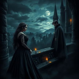 A dark romance scene set in a gothic castle during the medieval era, with stormy skies and flickering candlelight