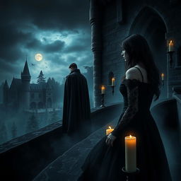 A dark romance scene set in a gothic castle during the medieval era, with stormy skies and flickering candlelight