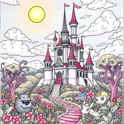 A captivating coloring picture of an enchanted castle set in a fantastical fairytale landscape