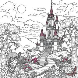 A captivating coloring picture of an enchanted castle set in a fantastical fairytale landscape