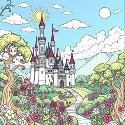 A captivating coloring picture of an enchanted castle set in a fantastical fairytale landscape