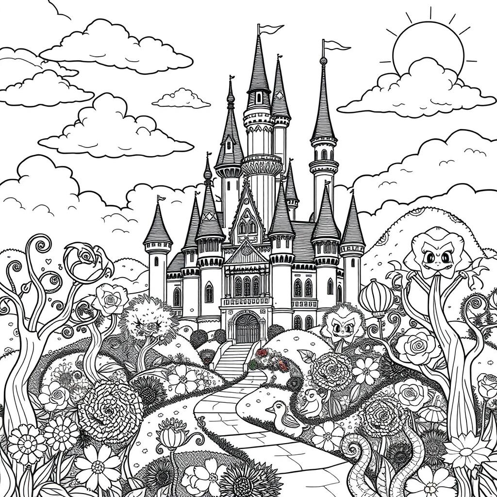 A captivating coloring picture of an enchanted castle set in a fantastical fairytale landscape