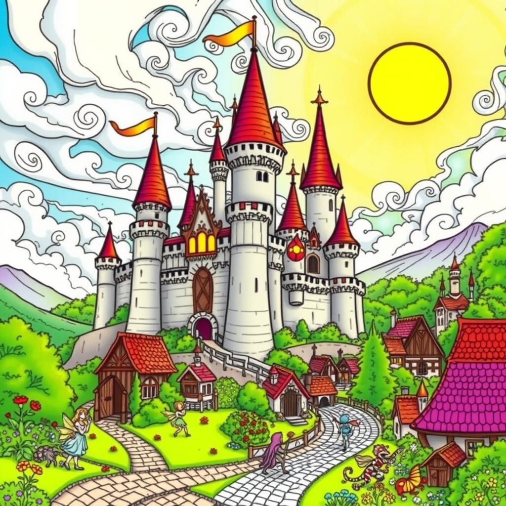 A charming coloring picture of an enchanted castle set in a vibrant fantasy fairytale landscape inspired by the Middle Ages