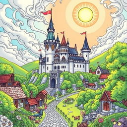 A charming coloring picture of an enchanted castle set in a vibrant fantasy fairytale landscape inspired by the Middle Ages