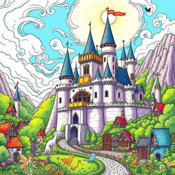 A charming coloring picture of an enchanted castle set in a vibrant fantasy fairytale landscape inspired by the Middle Ages