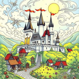 A charming coloring picture of an enchanted castle set in a vibrant fantasy fairytale landscape inspired by the Middle Ages