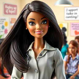 A brunette Barbie doll with long, flowing dark hair and expressive black eyes, dressed in professional attire suitable for a social worker