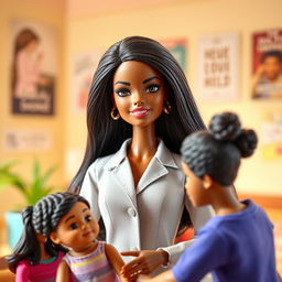A brunette Barbie doll with long, flowing dark hair and expressive black eyes, dressed in professional attire suitable for a social worker