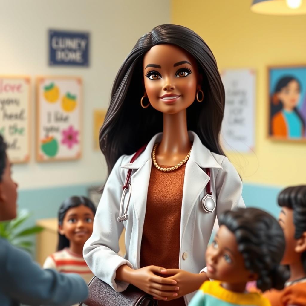 A brunette Barbie doll with long, flowing dark hair and expressive black eyes, dressed in professional attire suitable for a social worker