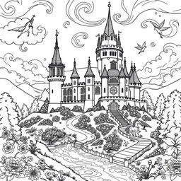 A delightful black and white coloring picture of an enchanted castle set in a fantasy fairytale landscape inspired by the Middle Ages