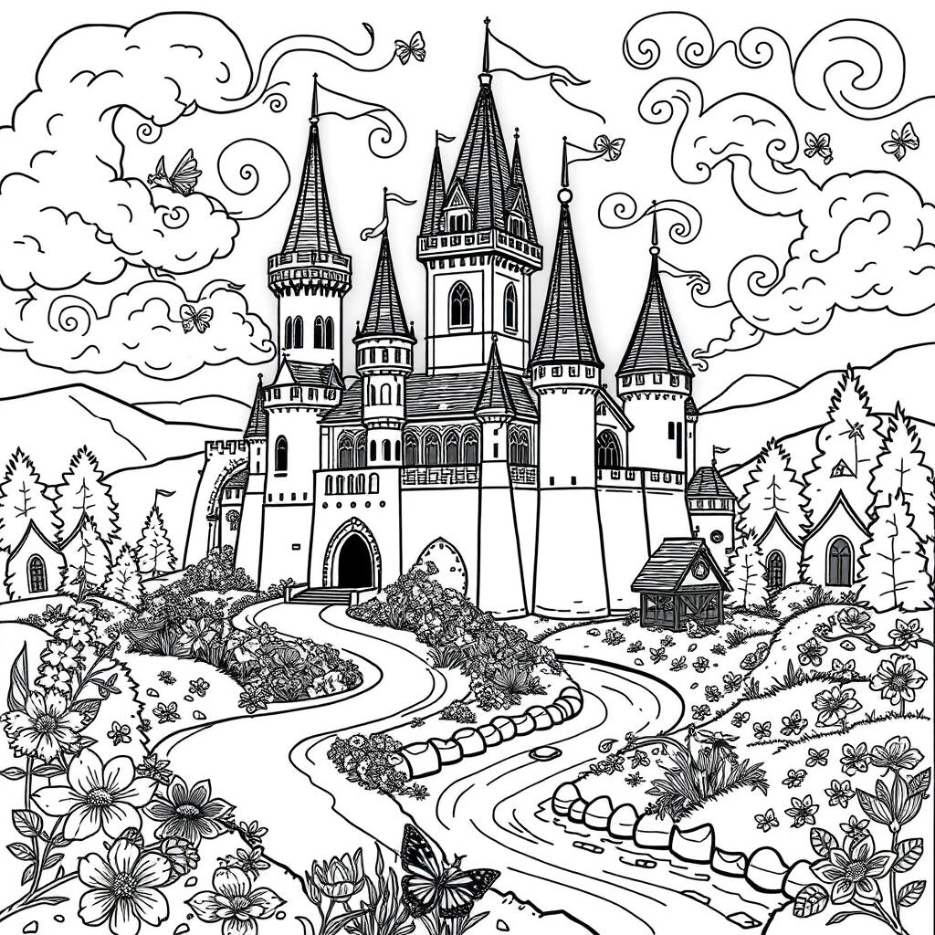 A delightful black and white coloring picture of an enchanted castle set in a fantasy fairytale landscape inspired by the Middle Ages