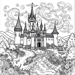 A delightful black and white coloring picture of an enchanted castle set in a fantasy fairytale landscape inspired by the Middle Ages