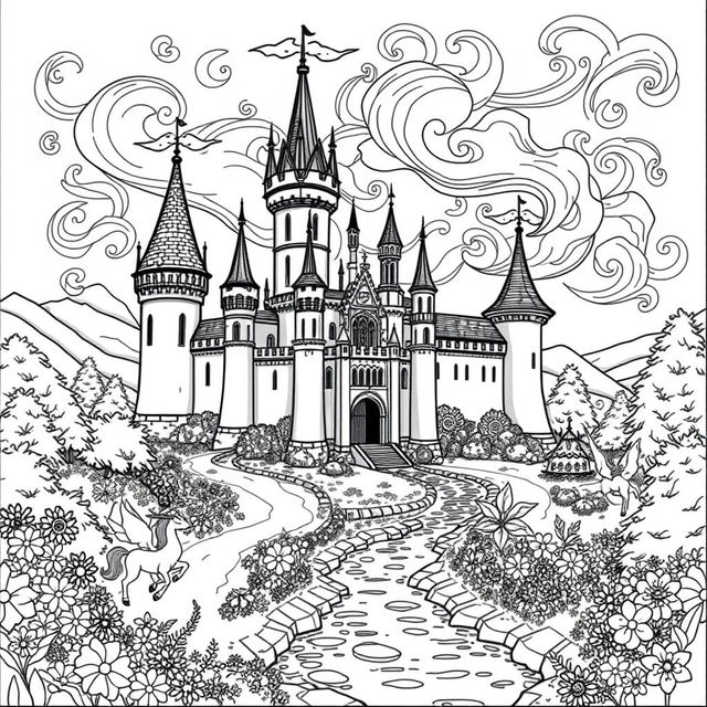 A delightful black and white coloring picture of an enchanted castle set in a fantasy fairytale landscape inspired by the Middle Ages