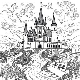 A delightful black and white coloring picture of an enchanted castle set in a fantasy fairytale landscape inspired by the Middle Ages
