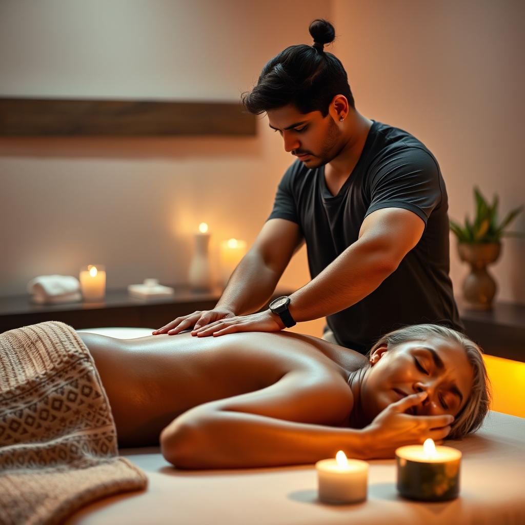 A young athletic Indian masseur man giving a luxurious oil body massage to a voluptuous, full-figured, mature 55-year-old buxom Indian woman on a massage table