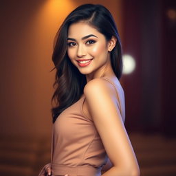 A confident young woman with an alluring smile, featuring a stylish outfit that highlights her figure