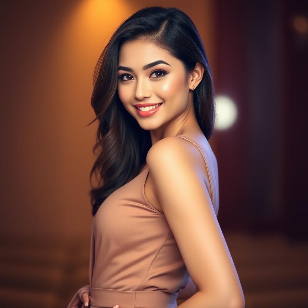 A confident young woman with an alluring smile, featuring a stylish outfit that highlights her figure