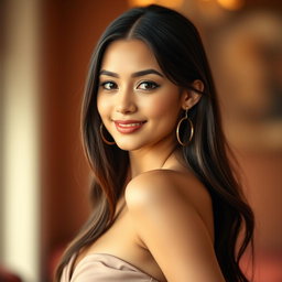 A confident young woman with an alluring smile, featuring a stylish outfit that highlights her figure