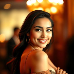 A confident young woman with an alluring smile, featuring a stylish outfit that highlights her figure