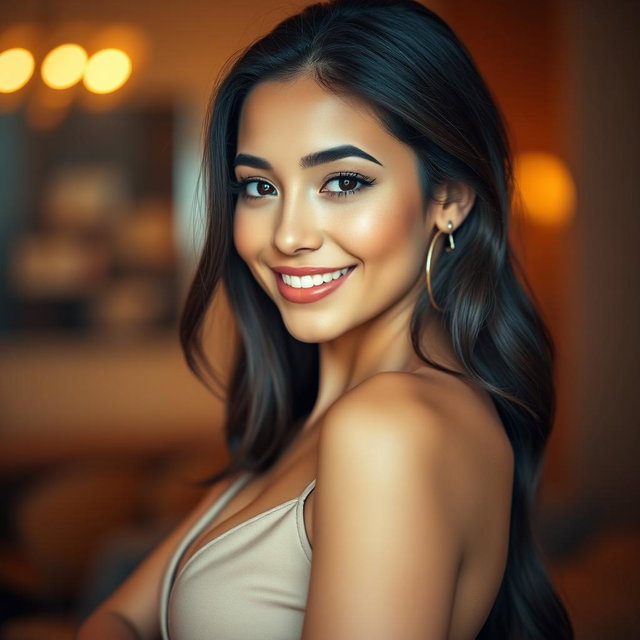 A confident young woman with an alluring smile, featuring a stylish outfit that highlights her figure