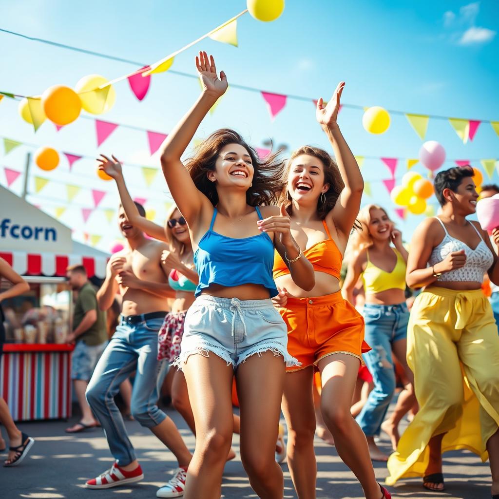 A vibrant and lively scene depicting a group of young adults dancing and enjoying themselves at an outdoor summer festival